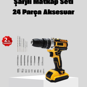 24 Parça Çift Bataryalı Akülü Darbeli Matkap – Güçlü Motor, Metal Dişli, LED Işıklı