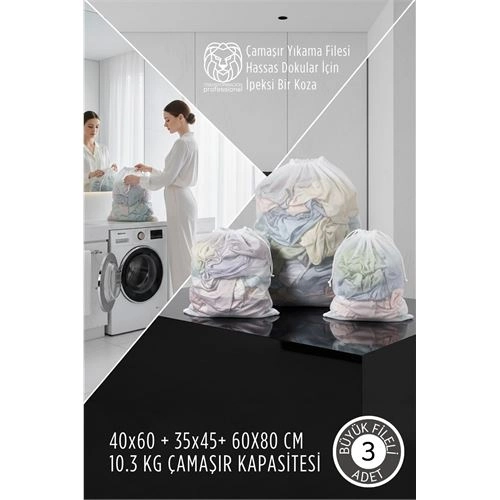 3 boy Lüks Çamaşır Yıkama Filesi Seti - Giysi Koruma Sanatı  10.3 kg kapasite