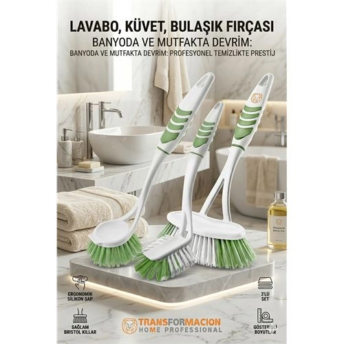 3'lü Profesyonel Temizlik Fırçası Seti - Ergonomik Banyo, Lavabo ve Bulaşık Fırçası 723095