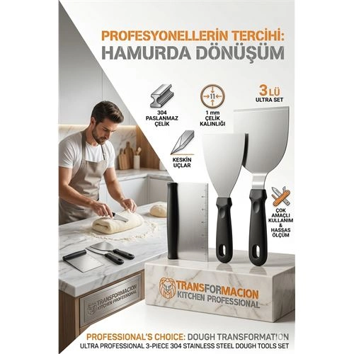 304 Inox Paslanmaz Çelik 3’lü Hamur Kesici ve Spatula Seti - Ultra Profesyonel Seri 723143