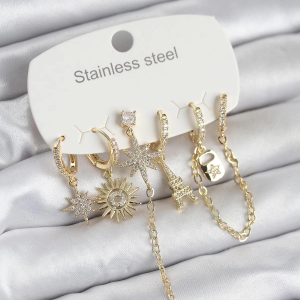 316L Çelik Gold Renk 6'lı Set Charmlı Kadın Küpe