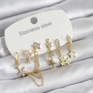 316L Çelik Gold Renk 6'lı Set Zincirli Yıldız Modelli Kadın Küpe