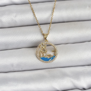 316L Çelik Zincir Gold Renk Zirkon Taşlı Deniz Temalı Kadın Kolye