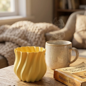 3D Kıvrımlı Sarı Vazo Modern Dekoratif Ev Aksesuarı Şık Tasarım