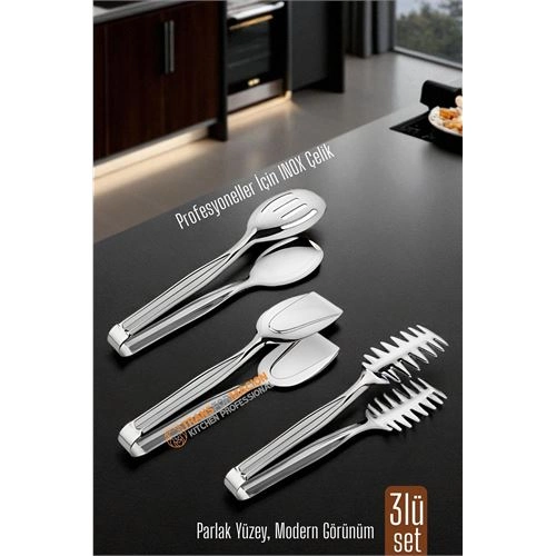 3’lü İnox Çelik Mutfak Maşa Seti - Makarna Pasta Salata Çok Amaçlı Maşa 3 lü SET 722225