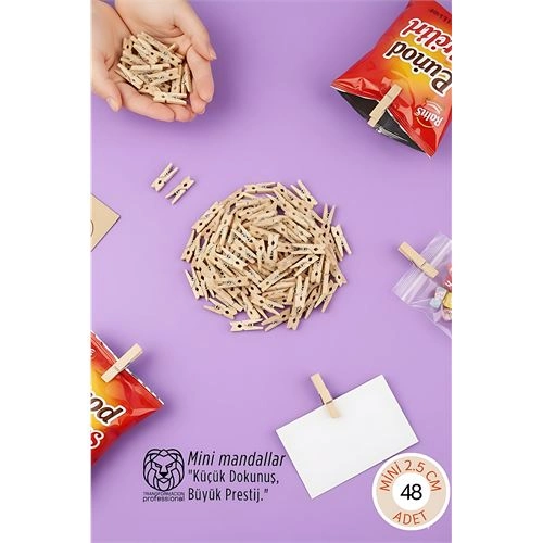 48 Adet Mini Ahşap Mandal 2,5 cm - Fotoğraf Sunum, Paketleme ve Dekoratif Not Tutucu Seti 722781