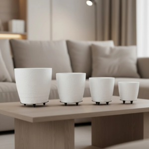 4’lü 3D Beyaz Ayaklı Saksı Seti Modern Minimal Dekoratif Vazo