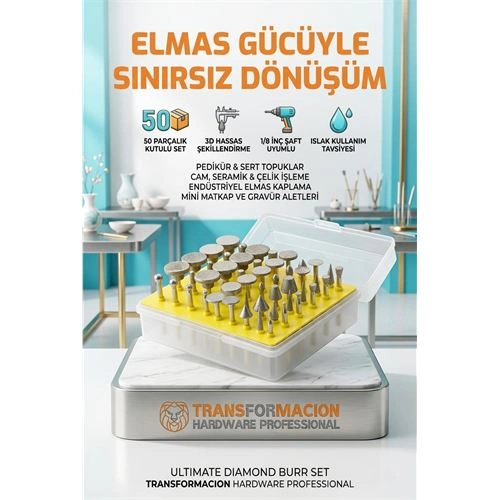 50 Parça Elmas Uçlu Döner Törpü ve Freze Seti - Pedikür Nasır, Topuk, Cam ve Taş İşleme Uçları 723151