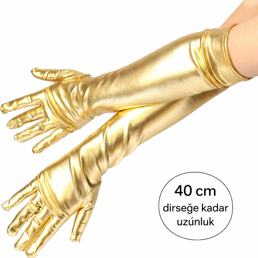 Altın Renk Dirsek Altı Lüks Saten Eldiven 40 cm