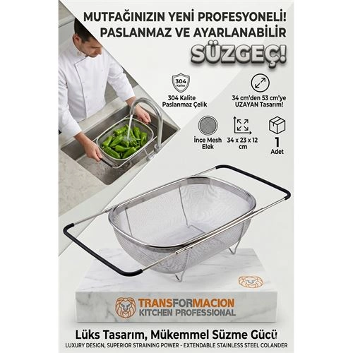 Ayarlanabilir Lavabo Üstü Süzgeç - Paslanmaz Çelik Makarna Meyve Sebze Yıkama Sepeti 723131