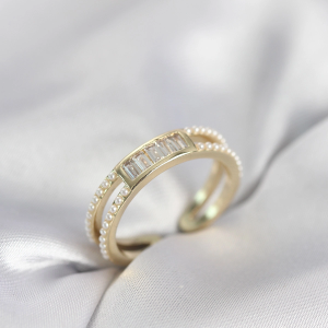Baget Zirkon Taşlı Gold Renk İncili Kadın Yüzük