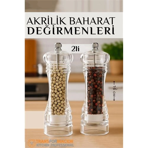 Baharat Öğütücü - Baharat Karabiber Tuz Değirmeni Ahşap Akrilik Kristal 2 li SET 721773