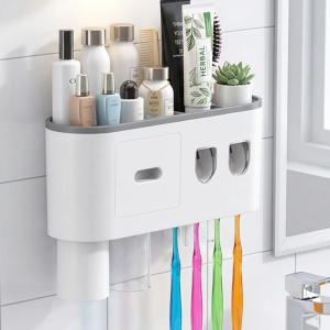 Banyo Organizer Diş Fırçası Tutucu Çift Dispenserli Raflı Çekmeceli