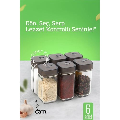 Cam Tuzluk Baharatlık – 360° Döner Kapaklı | 3 Delik Tipiyle Ayarlanabilir Akış  6 ADET 722180