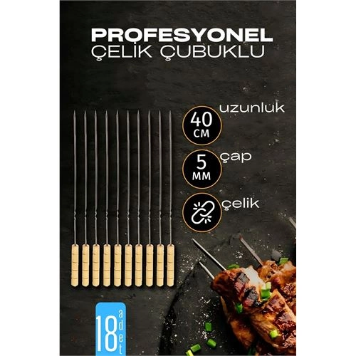 Çelik Şiş Çubuğu - Mangal Şişi Ahşap Saplı Kebap Şişi  18 Adet 721986