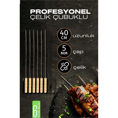 Çelik Şiş Çubuğu - Mangal Şişi Ahşap Saplı Kebap Şişi  6 Adet 721985