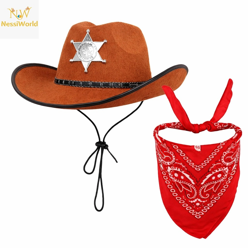 Çocuk Kovboy Şapka Rozetli Kahverengi & Kırmızı Bandana Seti