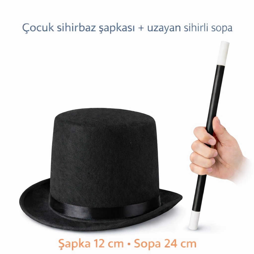 Çocuk Sihirbaz Şapkası ve Uzayan Yaylı Sihirli Sopa Seti