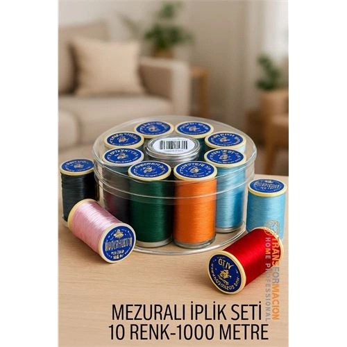 Dikiş İpliği Seti - 10 Renk 1000 Mt Kutulu Mezuralı Dikiş Seti 722075