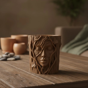 Doğa Temalı Yüz Detaylı Dekoratif Vazo 3D Ağaç Desenli Şık Saksı