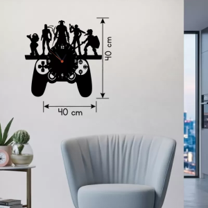 Gamer Oyun Odası Dekoratif Duvar Saati - 40x40 cm Lazer Kesim Ahşap Joystick ve Oyun Karakterli Saat