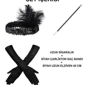 Gatsby Aksesuar Seti – Siyah Charleston Saç Bandı, Uzun Eldiven & Sigaralık