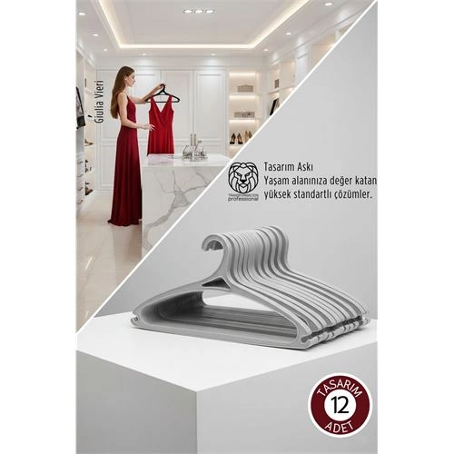 Giulia Vieri Selection: 12'li Premium İtalyan Tasarım İnce Siluet Kaymaz Elbise Askısı Seti GRİ 722748