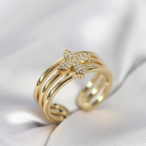 Gold Renk Zirkon Taşlı Yonca Model Kadın Yüzük