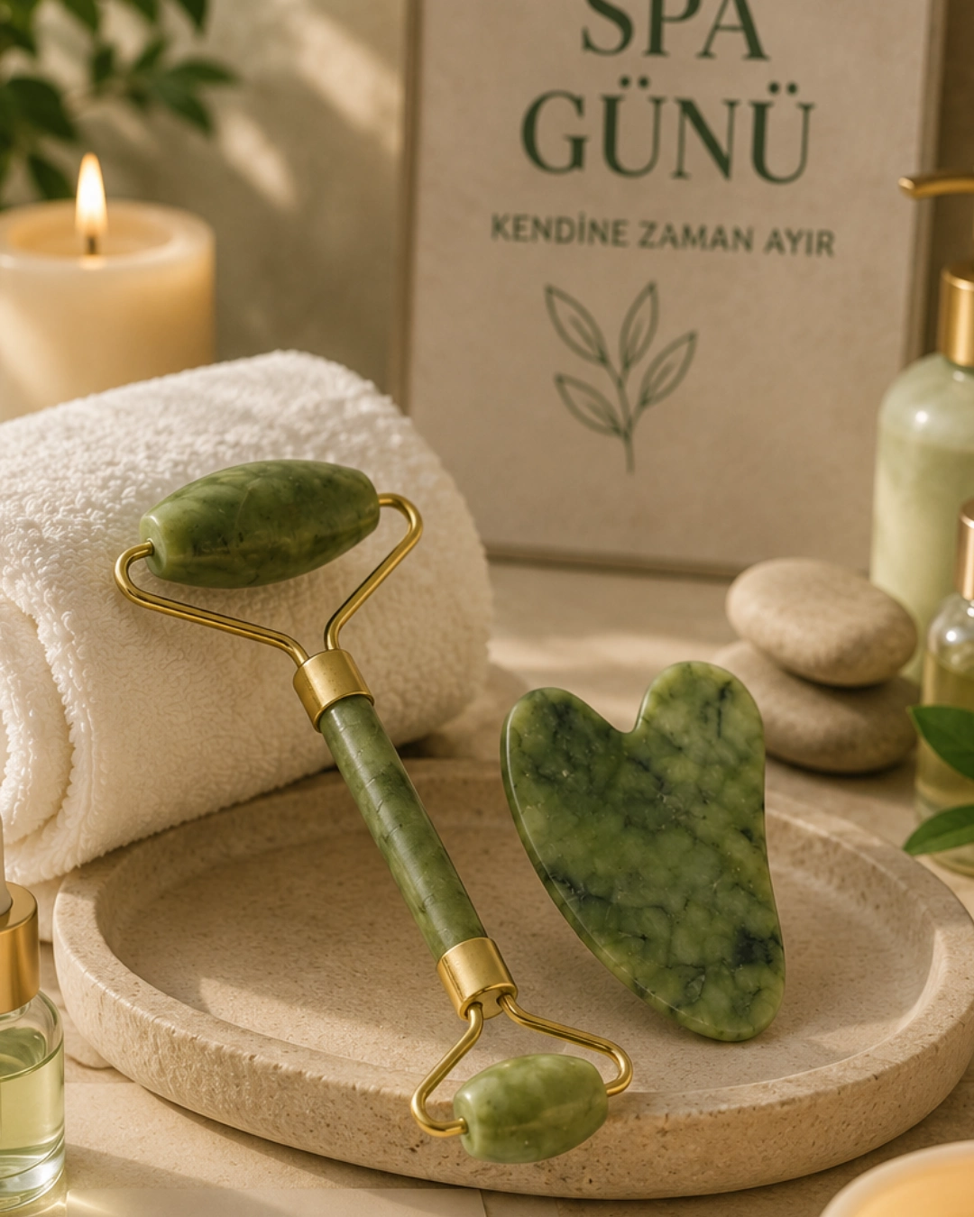 Jade Stone Yüz Bakım Seti Gua Sha ve Roller Masaj Taşı 1 Jade Stone Yüz Bakım Seti Gua Sha ve Roller Masaj Taşı