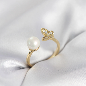 Kelebek İncili Model Gold Renk Zirkon Taşlı Kadın Yüzük