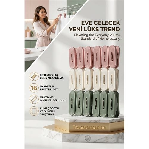Lüks Çamaşır Mandalı Seti | 16'lı Çelik Yaylı İz Bırakmaz Profesyonel Mandal 723087