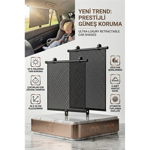 Otomatik Toplanır Araç Perdesi 2'li Set | 36x45 cm Vantuzlu Yan Cam Güneşliği 723080