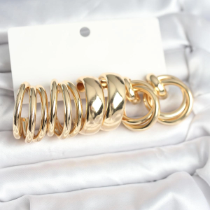 Pirinç Gold Renk 3 Çift Vintage Kadın Küpe Seti