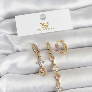 Pirinç Gold Renk Pembe Zirkon Taşlı 3'lü Kadın Küpe