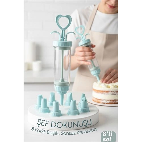 Profesyonel 8'li Başlıklı Pasta Krema Süsleme Pompası Seti Enjektör Uçlu 722555