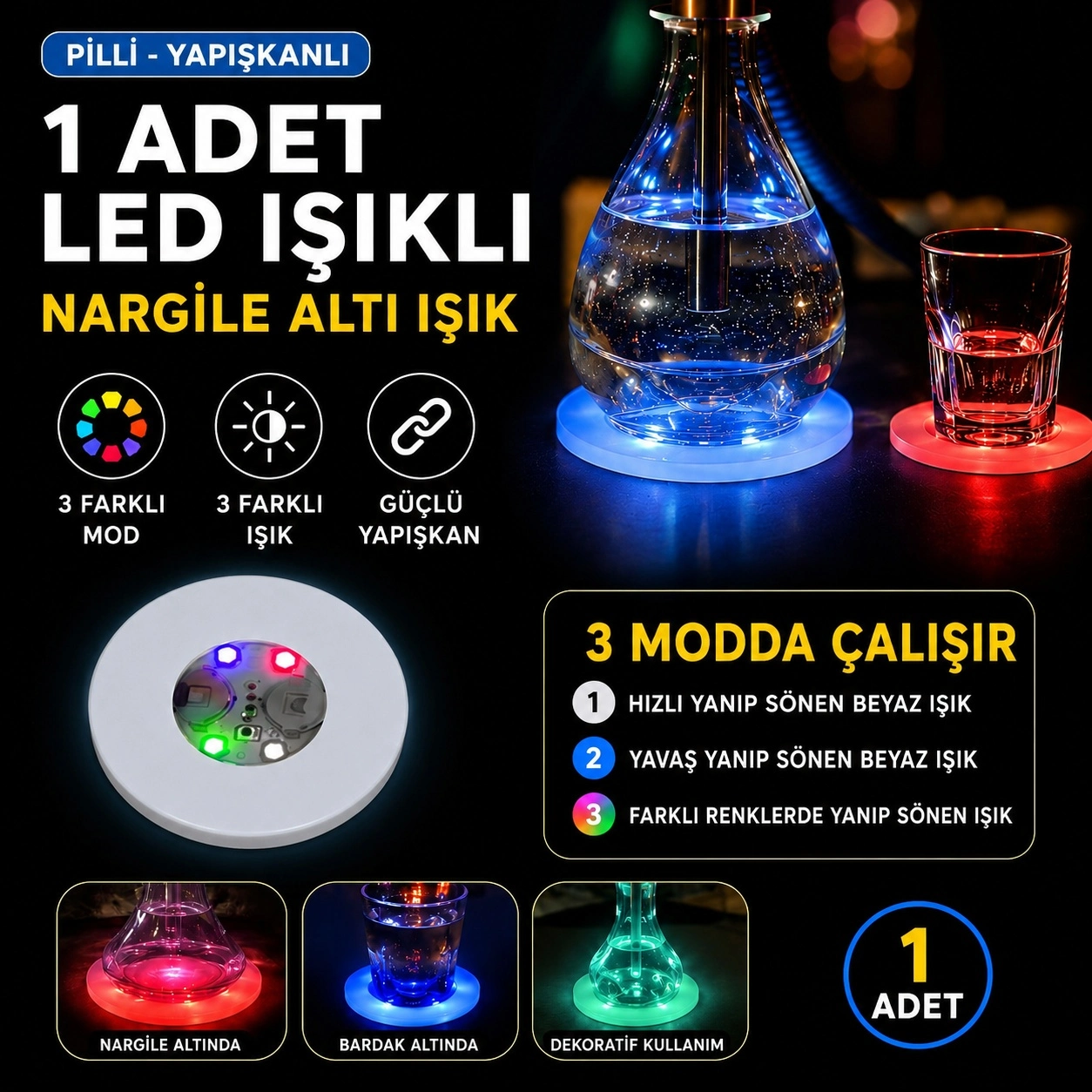 RGB LED Nargile Altı Işık 1 Adet 1 RGB LED Nargile Altı Işık 1 Adet