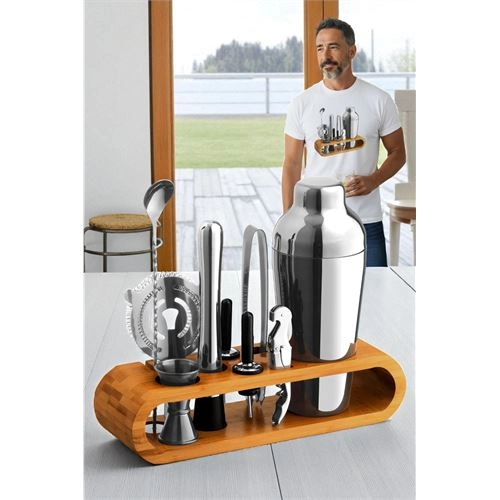 Shaker Kokteyl Set - 10 Parça 750 ML Shaker Coctail Set  Bambu Standlı 722202