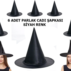 Siyah Renk Parlak Dralon Cadı Şapkası Yetişkin ve Çocuk Uyumlu 6 Adet