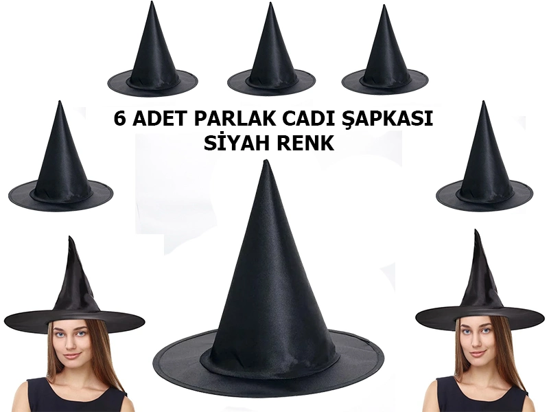 Siyah Renk Parlak Dralon Cadı Şapkası Yetişkin ve Çocuk Uyumlu 6 Adet 1 Siyah Renk Parlak Dralon Cadı Şapkası Yetişkin ve Çocuk Uyumlu 6 Adet