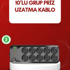 USB Type-C Destekli 10’lu Grup Priz Termal Korumalı 2m Kablo 2500W