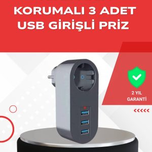 2500W Güç Destekli Akım Korumalı Priz – 3 USB Çıkışlı