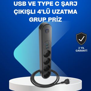 Akıllı Akım Dengelemeli 4’lü Çoklu Priz Type-C ve USB Çıkışlı