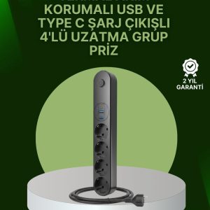 4 Priz 2 USB 1 Type-C Akım Korumalı Çoklu Priz Led Anahtarlı