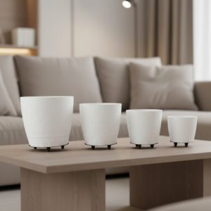 4’lü 3D Beyaz Ayaklı Saksı Seti Modern Minimal Dekoratif Vazo