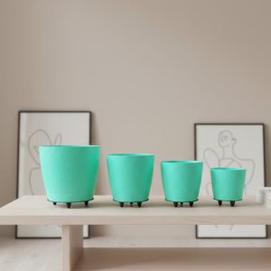 4’lü 3D Ayaklı Yeşil Saksı Seti Dekoratif Modern Tasarım