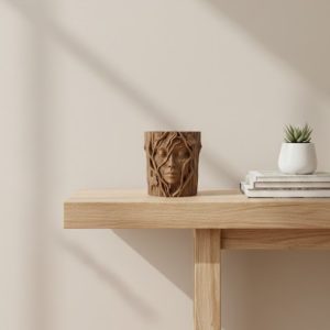 3D Doğal Ahşap Görünümlü Yüz Detaylı Dekoratif Vazo Sanat Tasarım