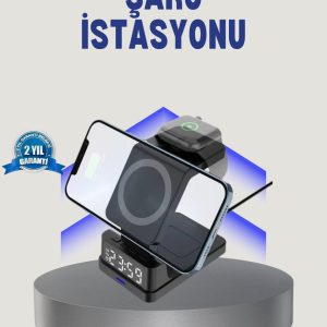 Kablosuz Şarj Cihazı ve Dijital Saat – 4’ü 1 Arada Hızlı Şarj Apple Uyumlu LED Işıklı Tasarım