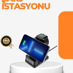 4’ü 1 Arada Kablosuz Şarj İstasyonu – LED Saat Ekranlı Apple Uyumlu Akıllı Güvenlik Koruması