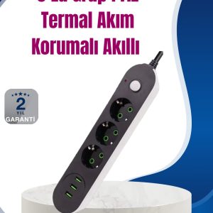 3 USB Çıkışlı Hızlı Şarjlı Anahtarlı Üçlü Priz