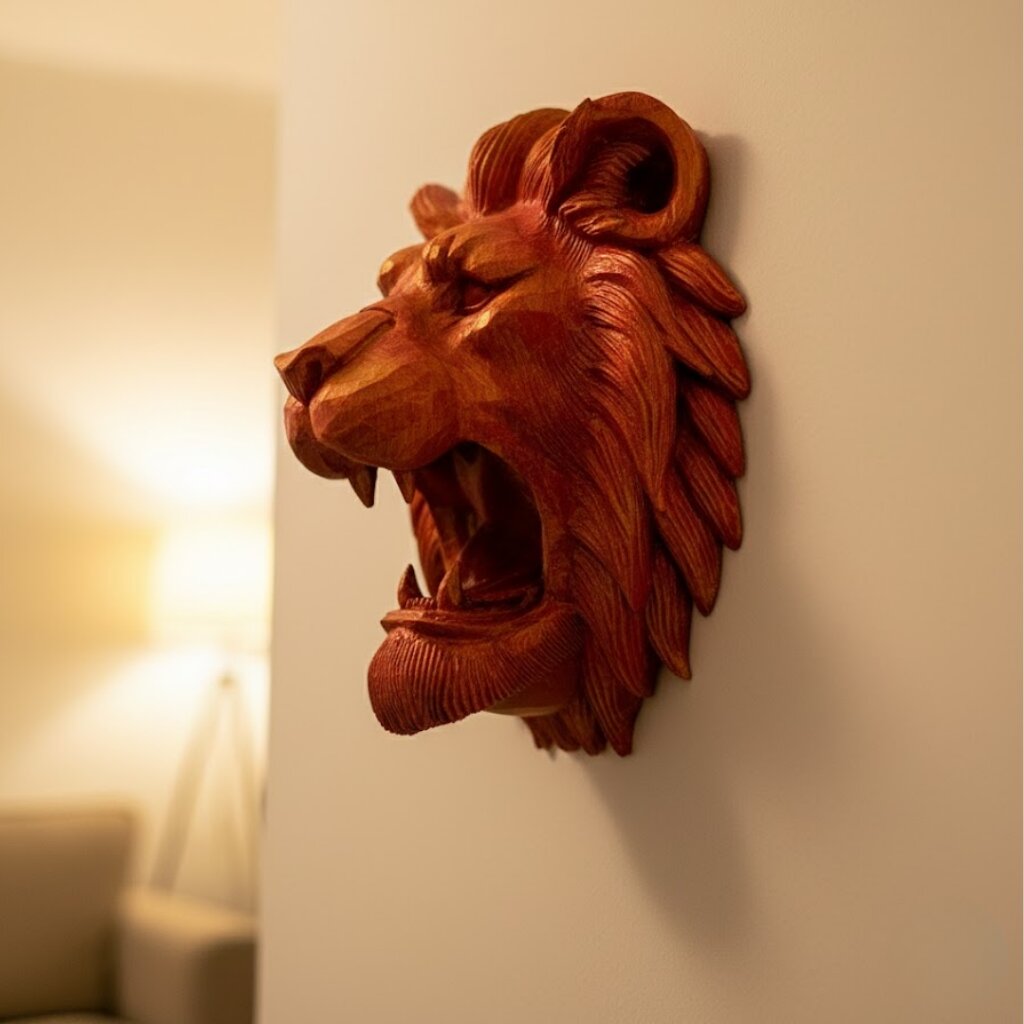Dekoratif Asılabilir Aslan Başı 3D Duvar Heykeli Gold Red 20x21 cm